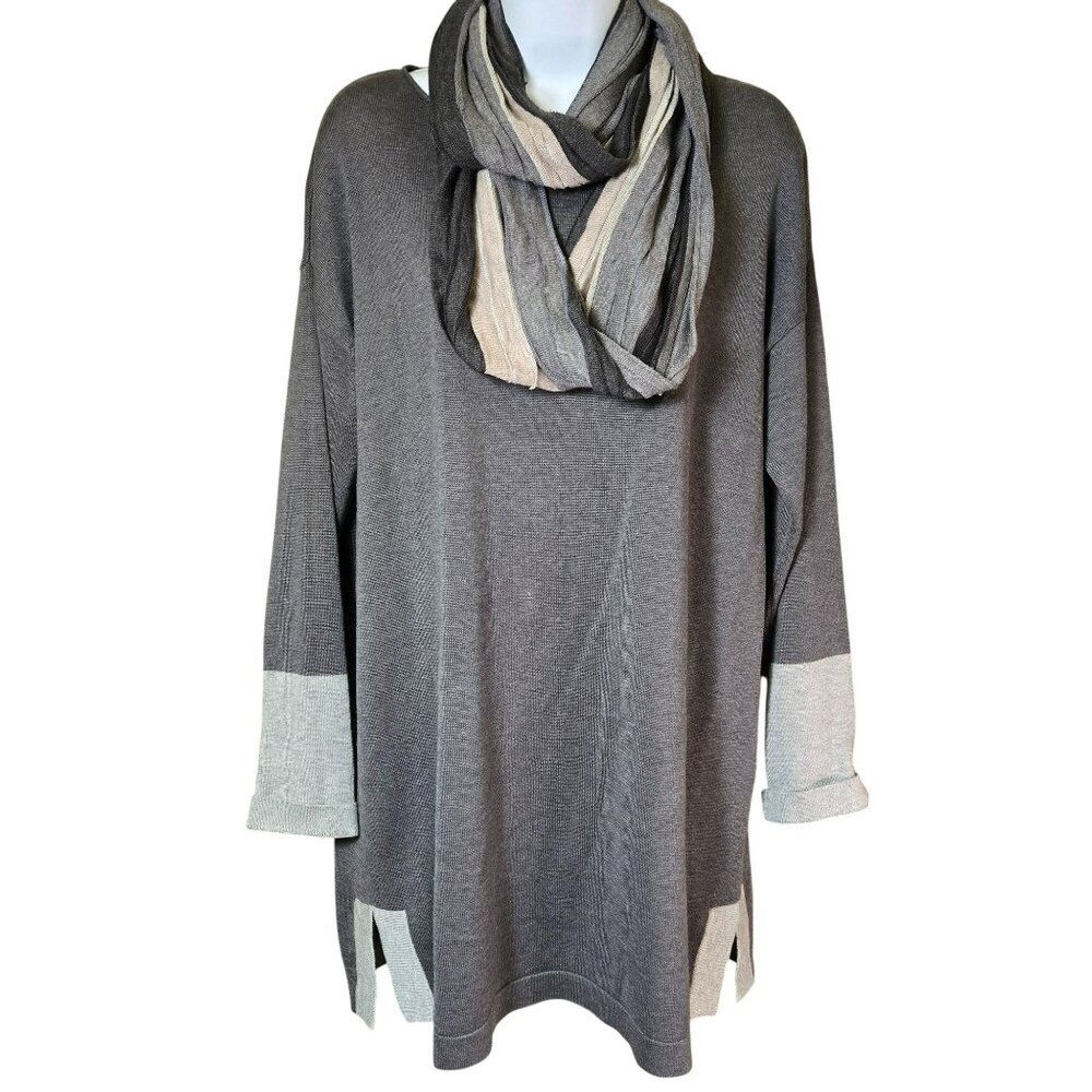 Eileen Fisher XS Gray Tunic Sweater w Matching Scarf Colorblock Sleeves Tencel